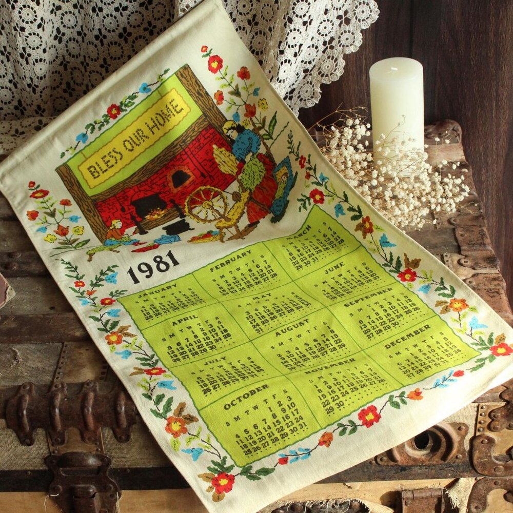Vintage 1980s Calendar Towel, 1981 Linen Bless Our Home Print with Hanging Rod